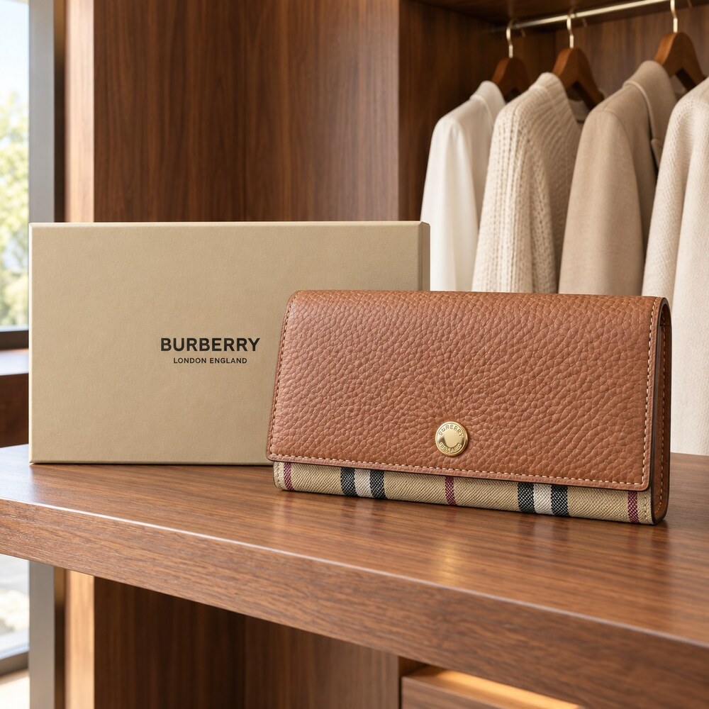 Burberry Vintage Check Long Flap Wallet in Tan Leather - Picture 3 of 6